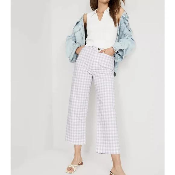 OLD NAVY Retro Gingham High-Waisted Cropped Wide-Leg Chino Pants 10 Tall - Picture 5 of 10